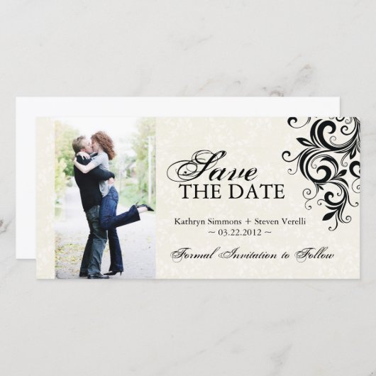 Schwarzes und Cremes Foto Save the Date Einladung (Vorne/Hinten)
