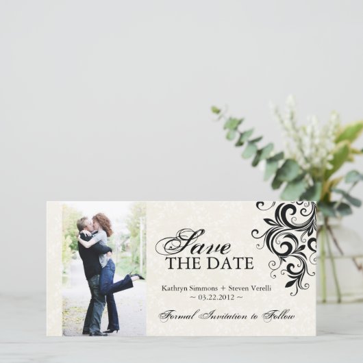 Schwarzes und Cremes Foto Save the Date Einladung (Stehend Vorderseite)