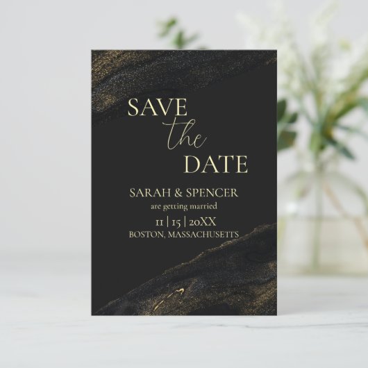 Schwarzes und Funkelnd Gold Save the Date (Stehend Vorderseite)