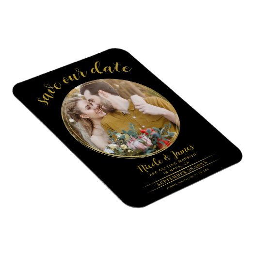 Schwarzes und Gold - Modernes Round-Foto Save the  Magnet (Rechte Seite)