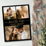 Schwarzes und Gold-Script-Foto Save the Date<br><div class="desc">Budget elegante moderne Schwarz-und Gold-Drehbuch 3 Foto Collage Hochzeit sparen das Datum Ankündigung personalisiert erschwinglichen Low Budget Flyer. Chic minimalistisches Design-Template mit drei (3) Paar Foto und eleganten kursiven Handschrift Schrift "Save the Date" Text in Gold auf weißem Hintergrund. ***BEACHTE! *** HAUSHALTSPAPIER/FLYER IST PAPIERTHIN. ENVELOPES INBEGRIFFEN.*** AKTUALISIEREN SIE DAS PAPIER...</div>
