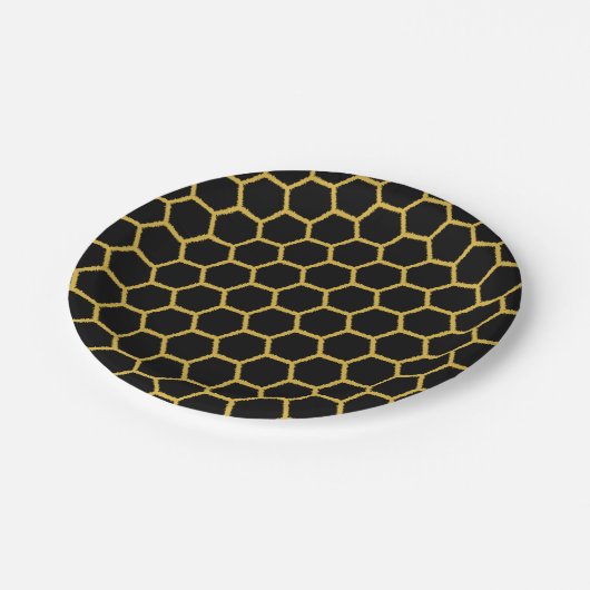 Schwarzes und Goldbienenwaben Pappteller (Schrägansicht)