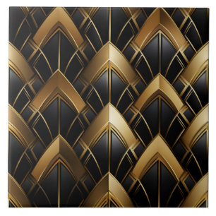 Schwarzes und goldenes Art Deco Chevron-Muster Fliese