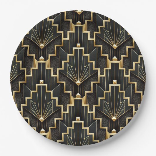 Schwarzes und goldenes Art Deco Design Pappteller (Vorderseite)