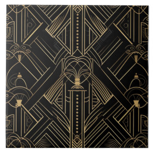 Schwarzes und goldenes Art Deco-Feine-Linien-Ornam Fliese