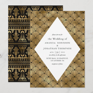 Schwarzes und goldenes Art Deco Muster Hochzeit Einladung