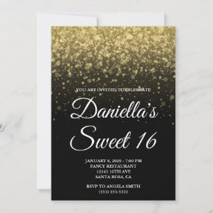 Schwarzes und goldenes Bokeh-Konfetti Sweet 16 Einladung