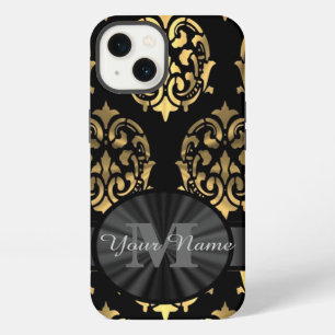 Schwarzes und goldenes Damastpersonalmonogramm iPhone Hülle