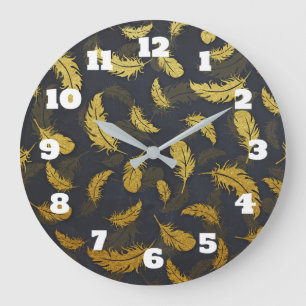 Schwarzes und goldenes Feder Muster Große Wanduhr
