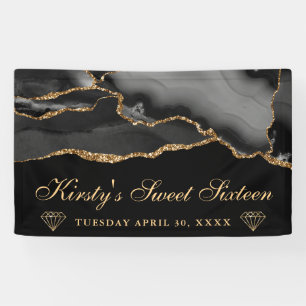 Schwarzes und goldenes Glitter-Achat-Sweet-Sixteen Banner