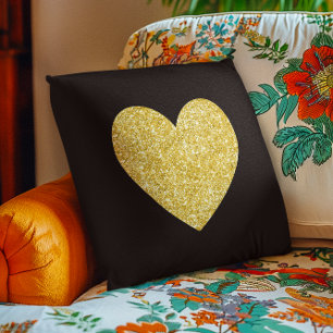Schwarzes und goldenes Glitter-Foto-Herz Kissen