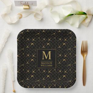 Schwarzes und goldenes Glitter-Luxus-Geometrie-Mus Pappteller