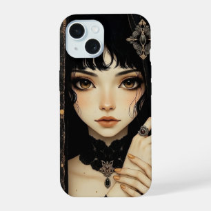 Schwarzes und goldenes gothisches Anime-Mädchen iPhone 15 Hülle