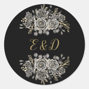 Schwarzes und goldenes gothisches florales Rosen-M Runder Aufkleber