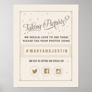 Schwarzes und goldenes Hashtag-Hochzeitsposter Poster