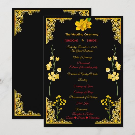 Schwarzes und goldenes Hochzeitsprogramm Programm (Vorne/Hinten)