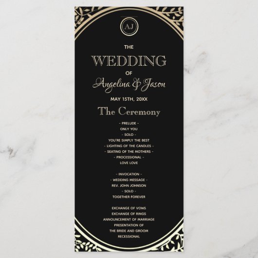 Schwarzes und goldenes Hochzeitsprogramm Programm (Vorderseite)