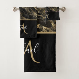 Schwarzes und goldenes Marmor-Monogramm Eleganter Badhandtuch Set