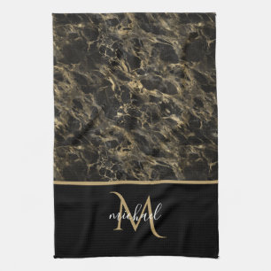 Schwarzes und goldenes Marmor-Monogramm Eleganter  Geschirrtuch