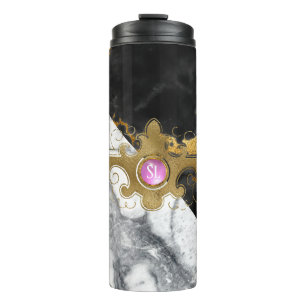 Schwarzes und goldenes Marmorstein-Monogramm Thermosbecher