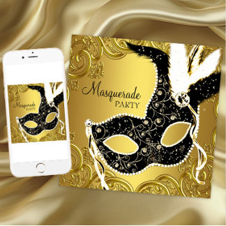Schwarzes und goldenes Masquerade Party Einladung