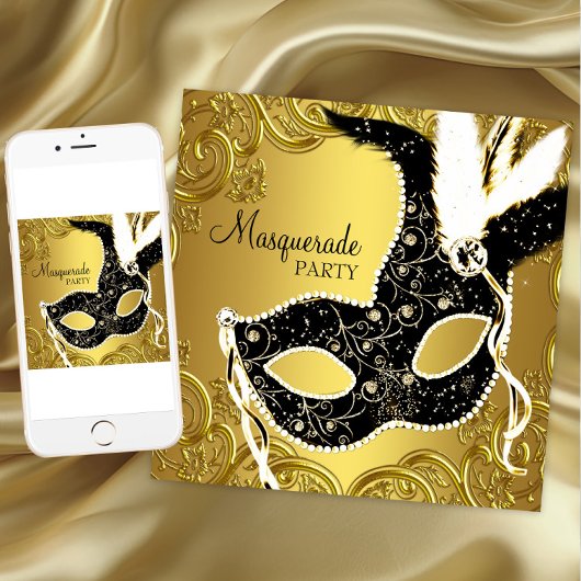Schwarzes und goldenes Masquerade Party Einladung