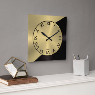 Schwarzes und goldenes modernes metallisches geome quadratische wanduhr