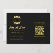 Schwarzes und goldenes Monogramm QR-Code-Hochzeit Save The Date (Vorderseite)