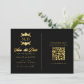 Schwarzes und goldenes Monogramm QR-Code-Hochzeit Save The Date (Stehend Vorderseite)
