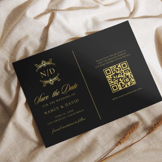 Schwarzes und goldenes Monogramm QR-Code-Hochzeit Save The Date