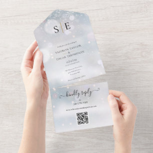 Schwarzes und goldenes Monogramm QR-Code Winterhoc All In One Einladung