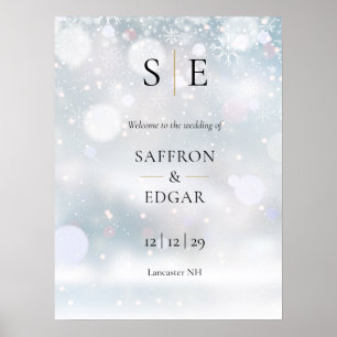 Schwarzes und goldenes Monogramm Winterhochzeits-W Poster