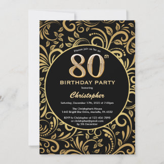 Schwarzes und goldenes Muster am 80. Geburtstag Einladung