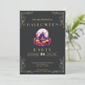 Schwarzes und goldenes Spuk Schloss Halloween Einladung (Stehend Vorderseite)