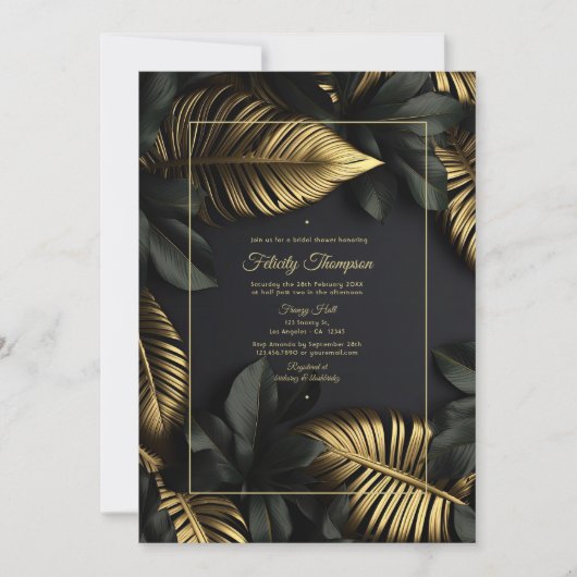 Schwarzes und goldenes tropisches Brautparty Einladung (Vorderseite)