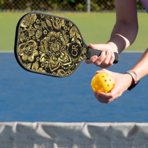 Schwarzes und goldfarbenes Damastmuster Pickleball Schläger