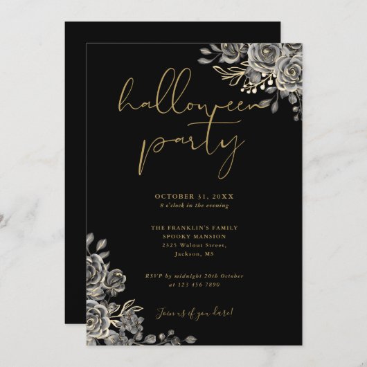 Schwarzes und goldgotisches BlütenerwachsenenHallo Einladung (Vorne/Hinten)