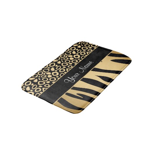 Schwarzes und Goldleopard-und -Zebra-Muster Badematte (Schrägansicht)