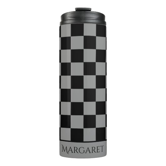 schwarzes und graues kariertes Monogramm Name Thermosbecher (Vorderseite)