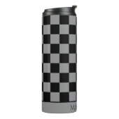 schwarzes und graues kariertes Monogramm Name Thermosbecher (Nach links gedreht)