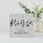 Schwarzes und graues Musiknoten-Party Einladung (Stehend Vorderseite)