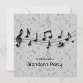 Schwarzes und graues Musiknoten-Party Einladung (Vorderseite)