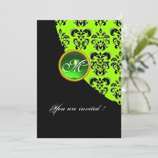 SCHWARZES UND GRÜNES DAMASK-MONOGRAMM, Smaragd Einladung (Stehend Vorderseite)