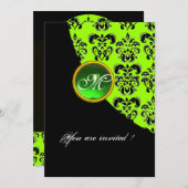 SCHWARZES UND GRÜNES DAMASK-MONOGRAMM, Smaragd Einladung (Vorne/Hinten)