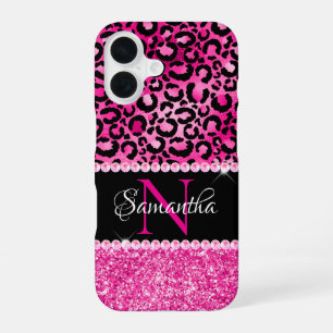 Schwarzes und heißrosa Leoparden-Spot-Glam-Monogra iPhone 16 Hülle
