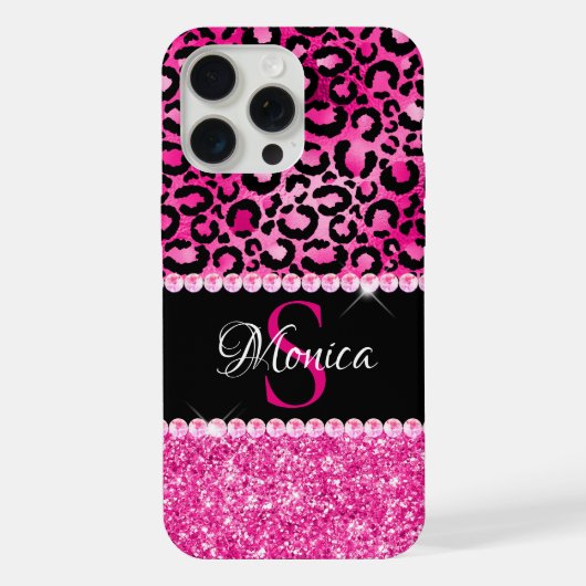 Schwarzes und heißrosa Leoparden-Spot-Glam-Monogra iPhone Hülle (Rückseite)