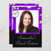 Schwarzes und lila 16 . Geburtstag Einladung (Vorne/Hinten)