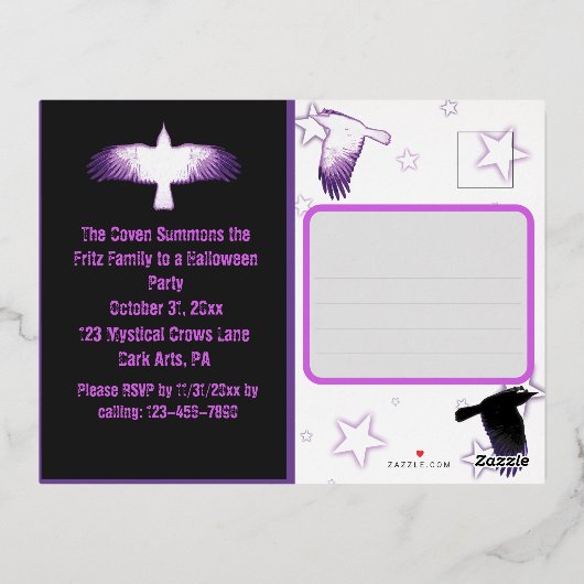 Schwarzes und Lila Crow Halloween Folie Einladungspostkarte (Rückseite)