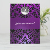 SCHWARZES UND LILA DAMASK-GEM-STEIN-MONOGRAMM-Eis Einladung (Stehend Vorderseite)
