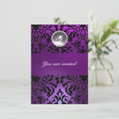 SCHWARZES UND LILA DAMASK-GEM-STEIN-MONOGRAMM-Eis Einladung (Stehend Vorderseite)